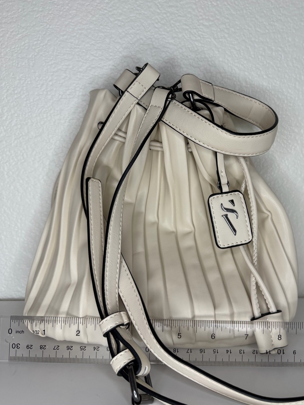 Simply Vera Vera Wang Cream Pleated Drawstring Mini Bucket Bag with Black Piping